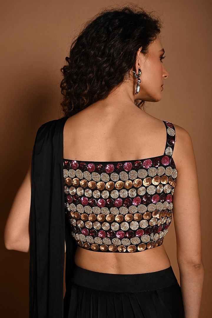 Black Satin Georgette Zardosi Hand Embroidered Blouse by Isadaa by Rotna Dutt at Pernia's Pop Up Shop