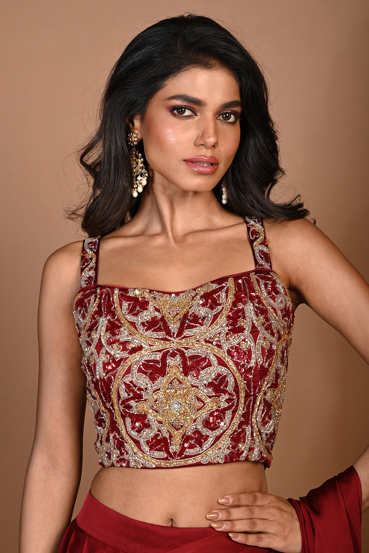 Red Satin Georgette Sequins Hand Embroidered Blouse by Isadaa by Rotna ...