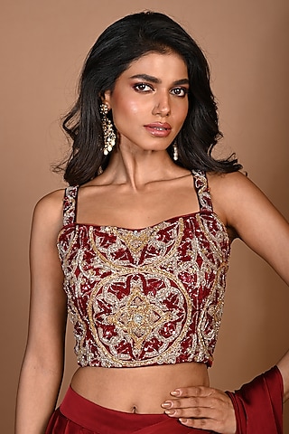 Red Satin Georgette Sequins Hand Embroidered Blouse by Isadaa by Rotna Dutt