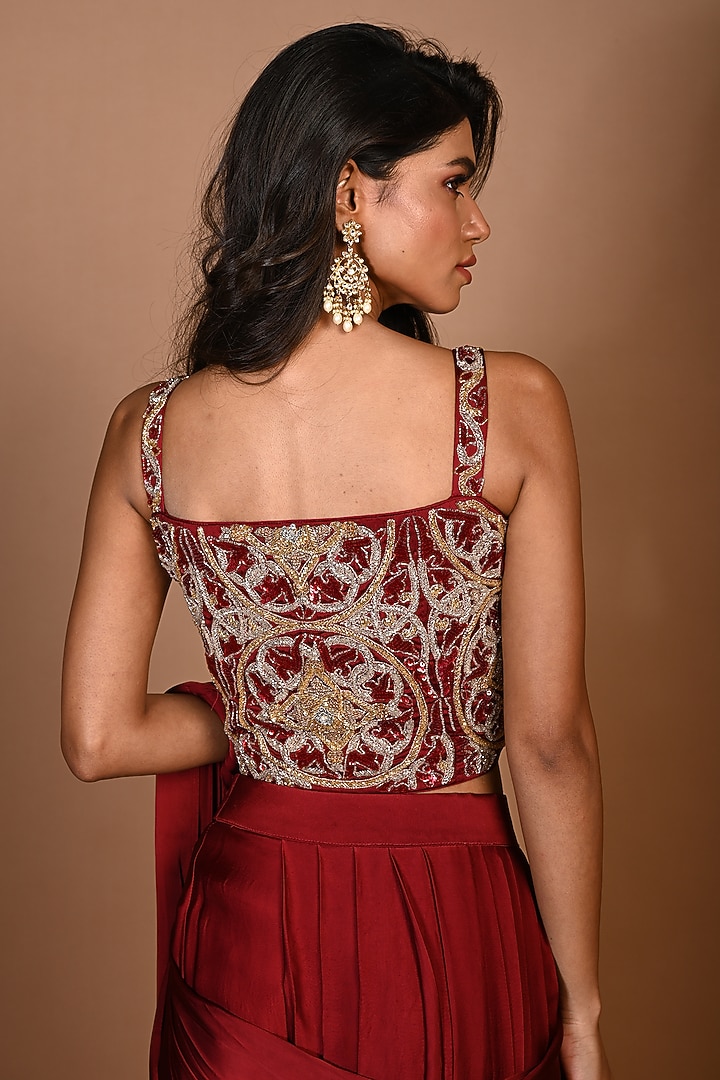 Red Satin Georgette Sequins Hand Embroidered Blouse by Isadaa by Rotna Dutt at Pernia's Pop Up Shop