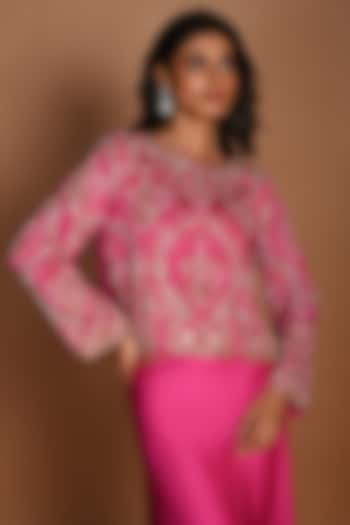 Pink Satin Georgette Sequins Hand Embroidered Blouse by Isadaa by Rotna Dutt at Pernia's Pop Up Shop