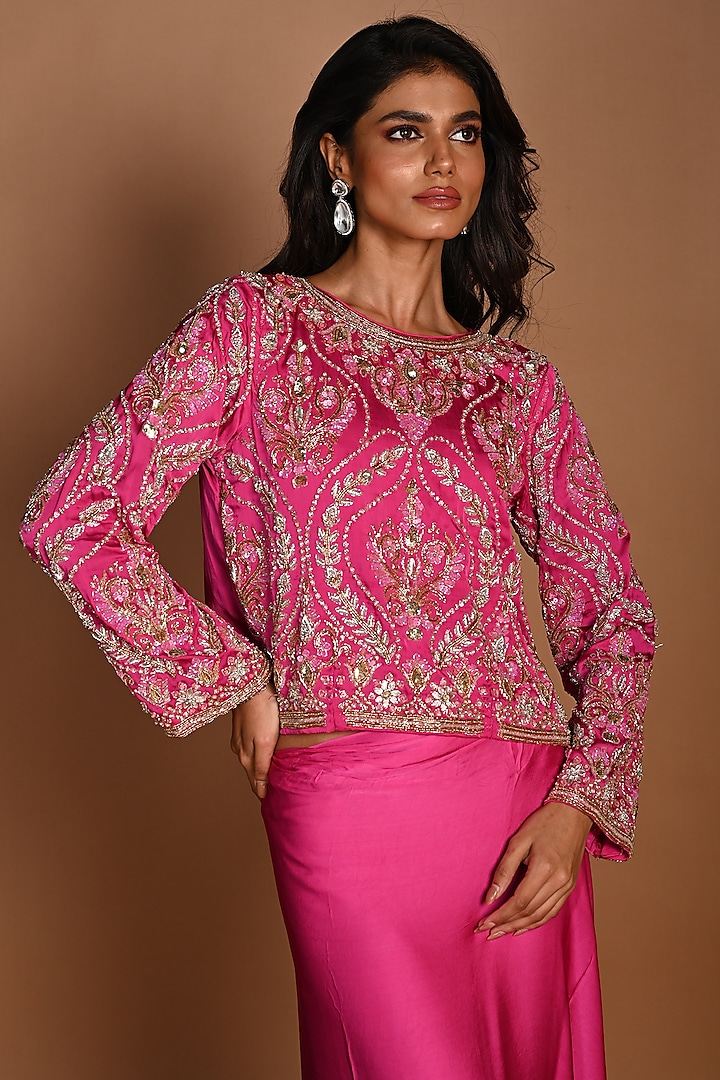 Pink Satin Georgette Sequins Hand Embroidered Blouse by Isadaa by Rotna Dutt at Pernia's Pop Up Shop