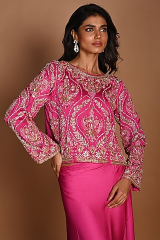 Pink Satin Georgette Sequins Hand Embroidered Blouse by Isadaa by Rotna Dutt