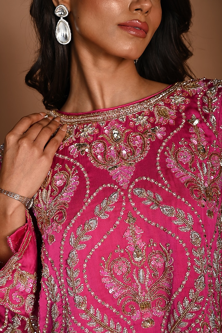 Pink Satin Georgette Sequins Hand Embroidered Blouse by Isadaa by Rotna Dutt at Pernia's Pop Up Shop