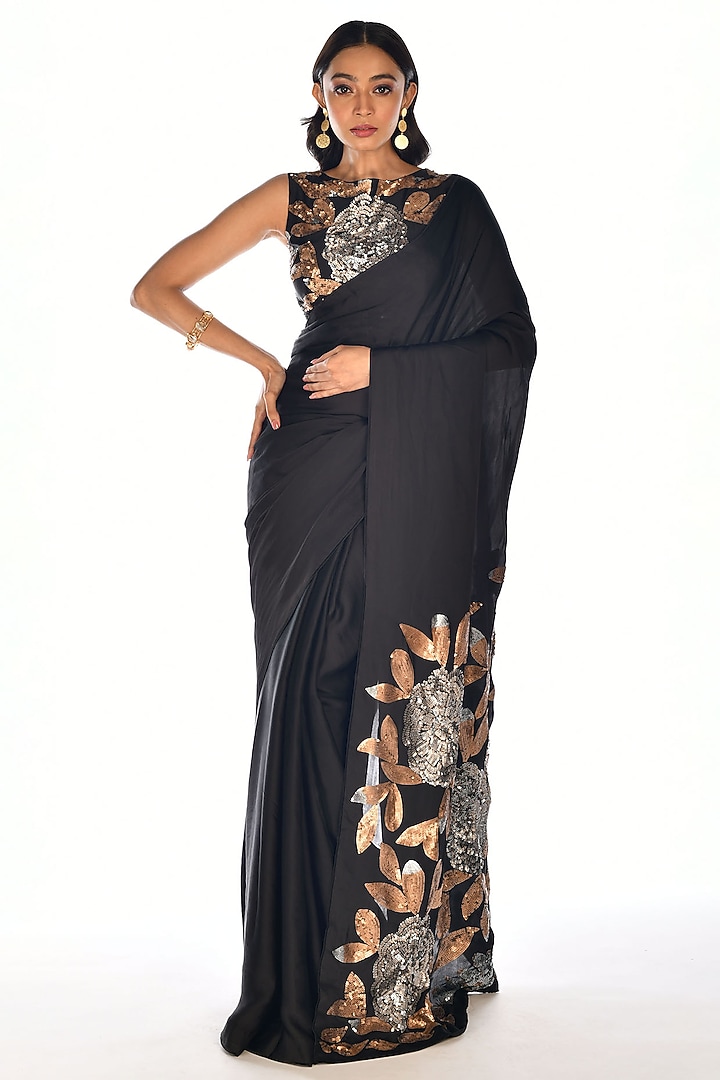 Black Satin Georgette Sequins Hand Embroidered Blouse by Isadaa by Rotna Dutt at Pernia's Pop Up Shop