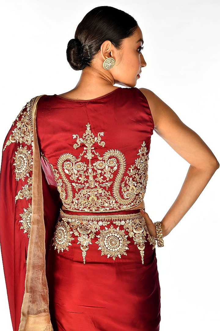 Red Satin Georgette Zardosi Hand Embroidered Blouse by Isadaa by Rotna Dutt at Pernia's Pop Up Shop