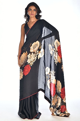 Black Satin Organza Digital Printed Saree Set by Isadaa by Rotna Dutt