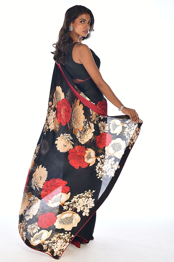 Black Satin Organza Digital Printed Party Wear Saree Set by Isadaa by Rotna Dutt at Pernia's Pop Up Shop