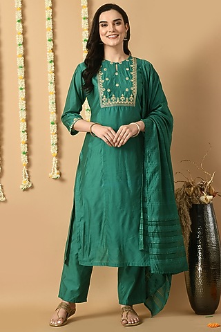 Turquoise Green Chanderi Machine & Hand Embroidered Kurta Set by Isha Gupta