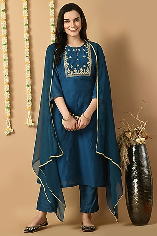 Teal Blue Chanderi Machine & Hand Embroidered Kurta Set by Isha Gupta