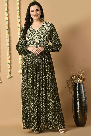 Dark Green Chinon Chiffon Digital Printed & Embroidered Anarkali With Belt by Isha Gupta