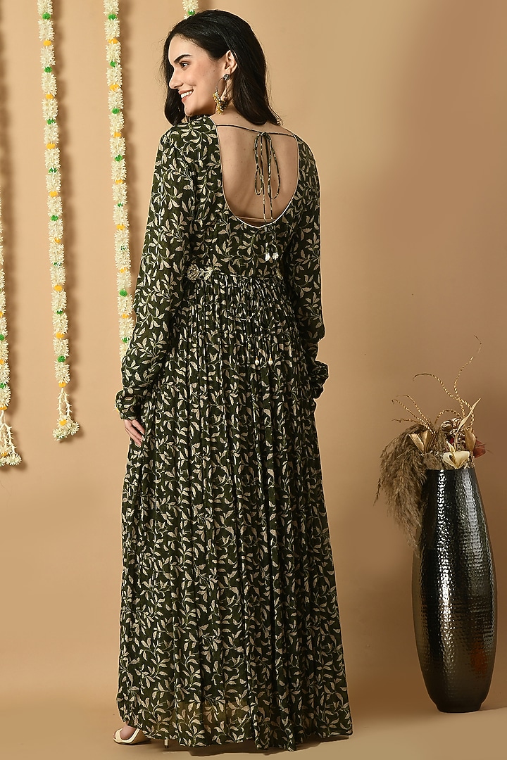 Dark Green Chinon Chiffon Digital Printed & Embroidered Anarkali With Belt by Isha Gupta at Pernia's Pop Up Shop