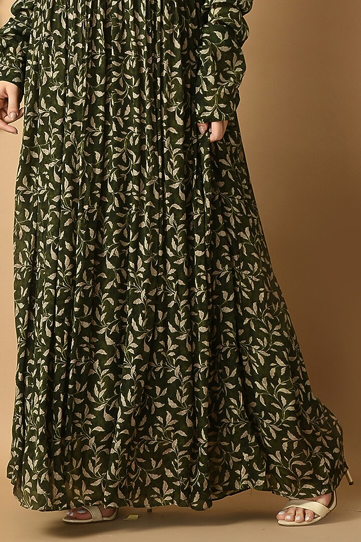 Dark Green Chinon Chiffon Digital Printed & Embroidered Anarkali With Belt by Isha Gupta at Pernia's Pop Up Shop