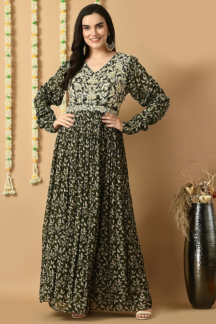 Dark Green Chinon Chiffon Digital Printed & Embroidered Anarkali With Belt by Isha Gupta at Pernia's Pop Up Shop