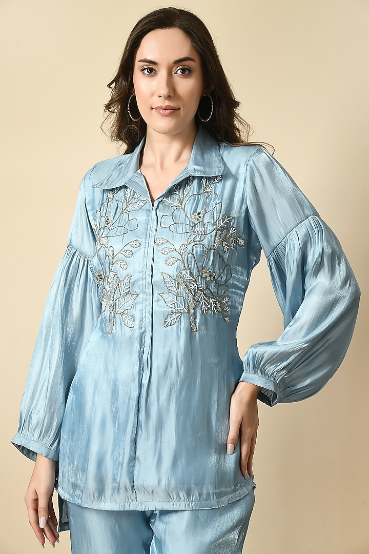 Sky Blue Organza Handwork Co-Ord Set by Isha Gupta at Pernia's Pop Up Shop