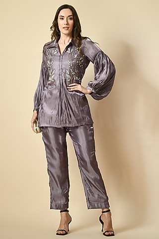 Mouse Grey Organza Handwork Co-Ord Set by Isha Gupta