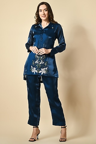 Teal Blue Organza Handwork Co-Ord Set by Isha Gupta