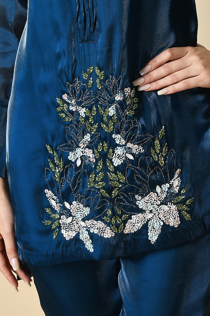Teal Blue Organza Handwork Co-Ord Set by Isha Gupta at Pernia's Pop Up Shop