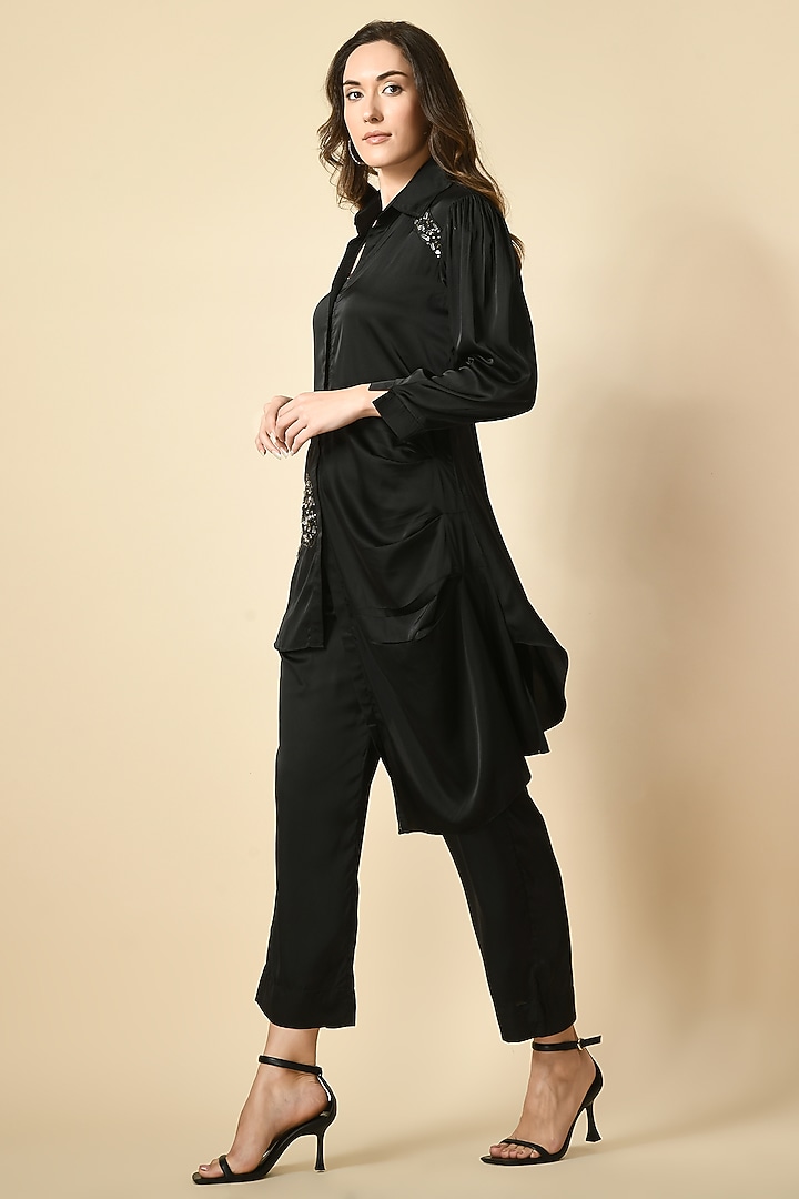 Black Satin Handwork Co-Ord Set by Isha Gupta at Pernia's Pop Up Shop