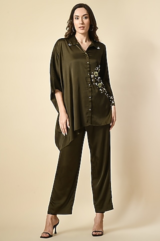 Olive Satin Handwork Co-Ord Set by Isha Gupta