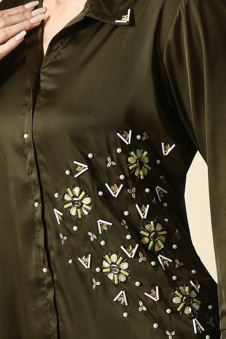 Olive Satin Handwork Co-Ord Set by Isha Gupta at Pernia's Pop Up Shop
