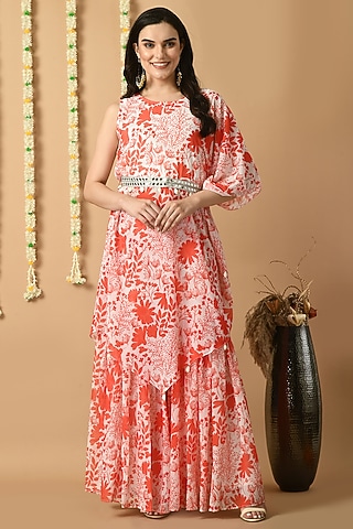 Orange & White Georgette Digital Printed Sharara Set by Isha Gupta