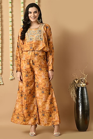 Mustard Yellow Muslin Digital Printed Palazzo Pant Set by Isha Gupta