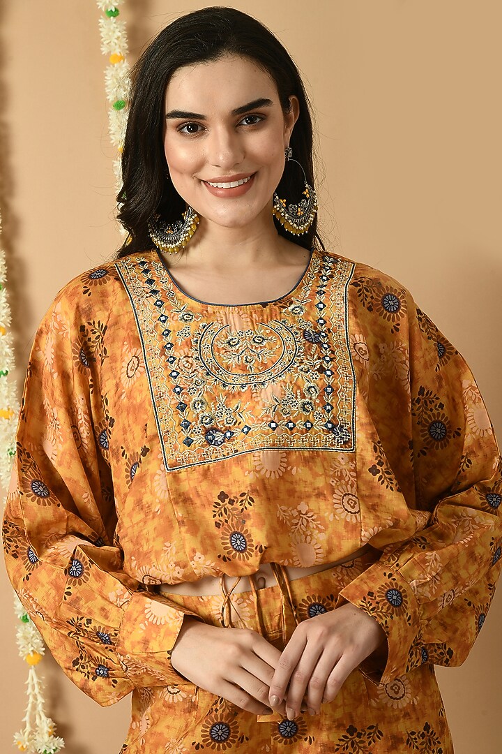 Mustard Yellow Muslin Digital Printed Palazzo Pant Set by Isha Gupta at Pernia's Pop Up Shop