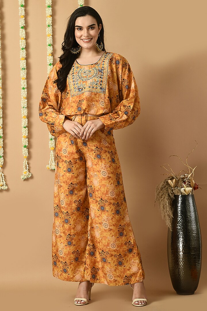 Mustard Yellow Muslin Digital Printed Palazzo Pant Set by Isha Gupta at Pernia's Pop Up Shop