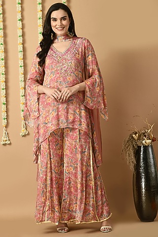 Peach Chinon Chiffon Digital Printed Sharara Set by Isha Gupta
