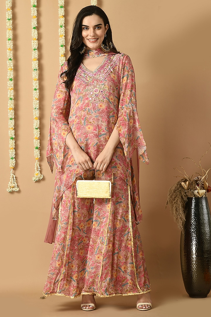 Peach Chinon Chiffon Digital Printed Sharara Set by Isha Gupta at Pernia's Pop Up Shop