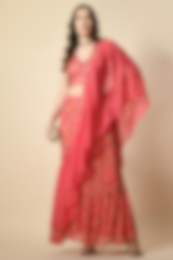 Red Chinon Chiffon & Organza Digital Printed Draped Saree Set by Isha Gupta