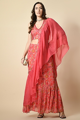 Red Chinon Chiffon & Organza Digital Printed Draped Saree Set by Isha Gupta