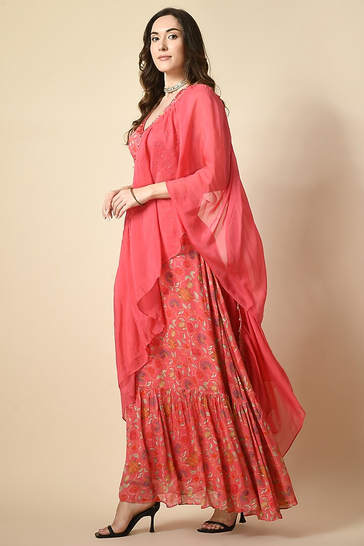 Red Chinon Chiffon & Organza Digital Printed Draped Party Wear Saree Set by Isha Gupta at Pernia's Pop Up Shop
