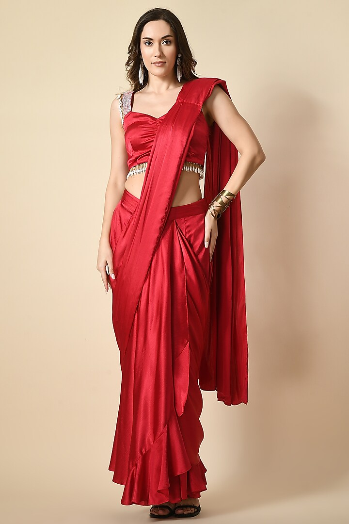 Coral Satin Tassel Hand Embellished Draped Saree Set by Isha Gupta