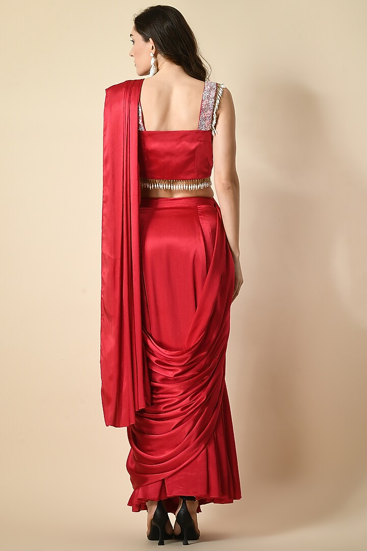 Coral Satin Tassel Hand Embellished Draped Party Wear Saree Set by Isha Gupta at Pernia's Pop Up Shop