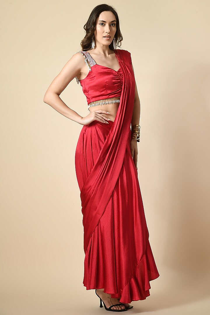 Coral Satin Tassel Hand Embellished Draped Party Wear Saree Set by Isha Gupta at Pernia's Pop Up Shop