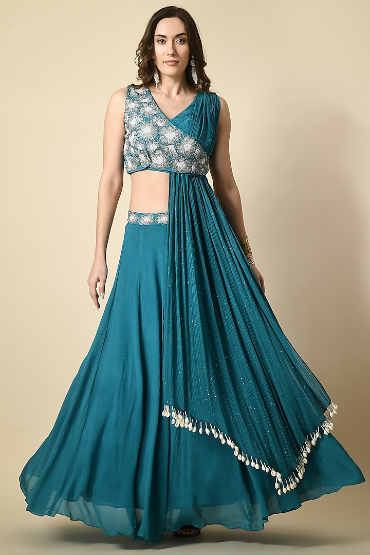 Teal Blue Chinon Chiffon Dori Work Skirt Set by Isha Gupta