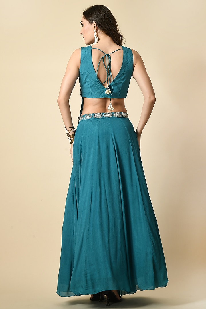 Teal Blue Chinon Chiffon Dori Work Skirt Set by Isha Gupta at Pernia's Pop Up Shop