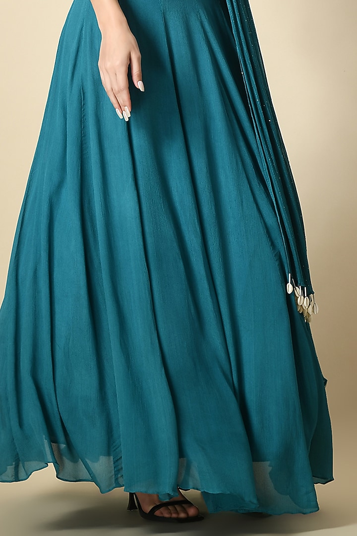 Teal Blue Chinon Chiffon Dori Work Skirt Set by Isha Gupta at Pernia's Pop Up Shop