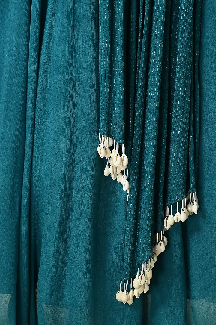 Teal Blue Chinon Chiffon Dori Work Skirt Set by Isha Gupta at Pernia's Pop Up Shop