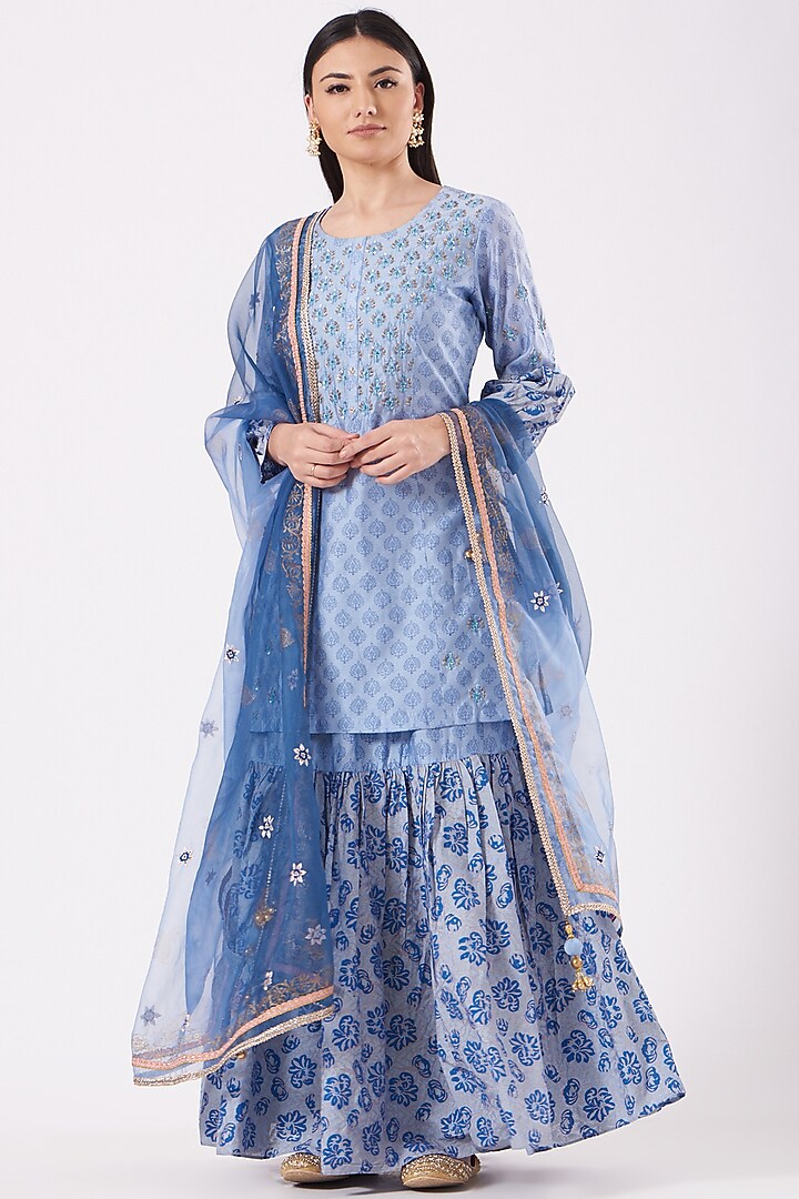 Sky Blue Muslin Skirt Set by Isha Gupta at Pernia's Pop Up Shop