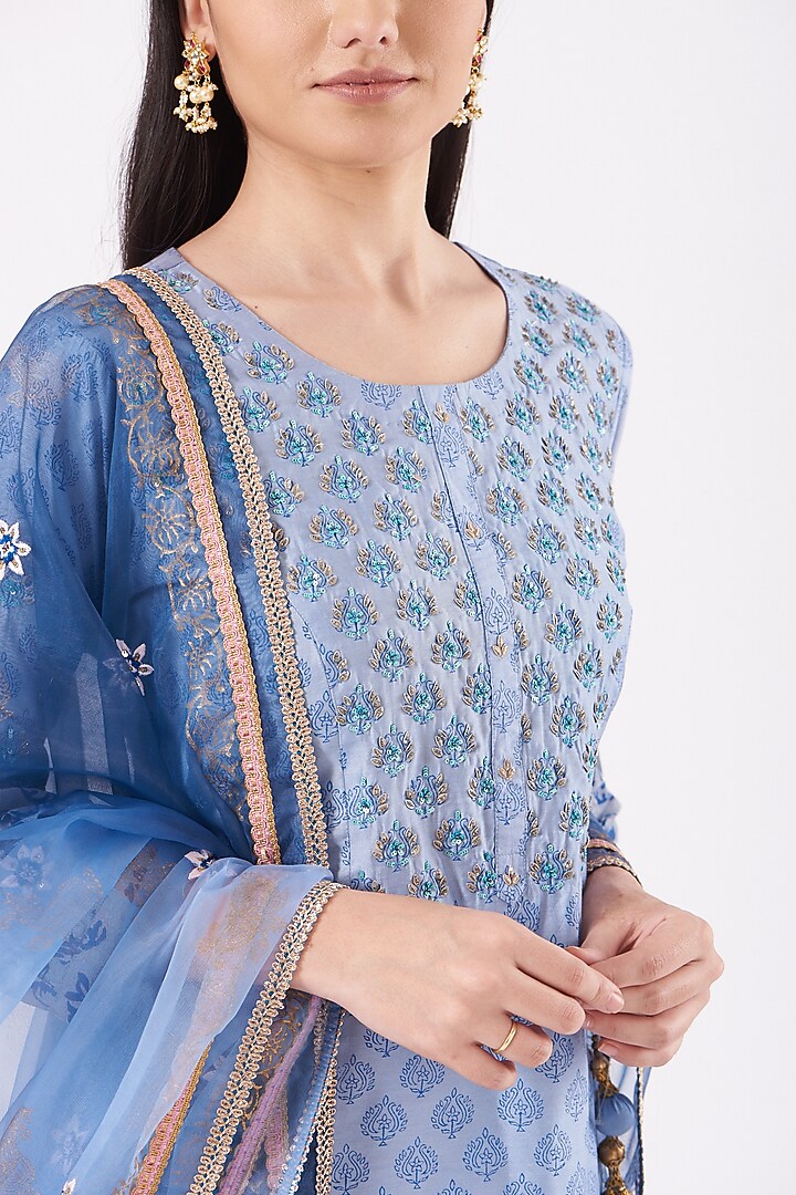 Sky Blue Muslin Skirt Set by Isha Gupta at Pernia's Pop Up Shop