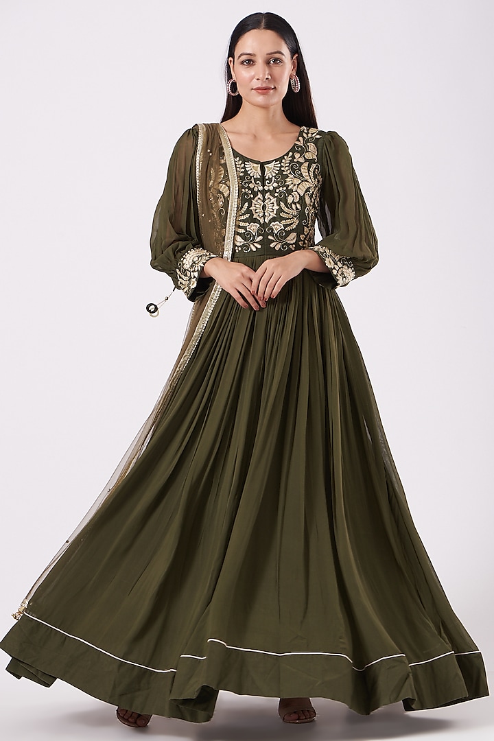 Dark Olive Embroidered Gown With Dupatta by Isha Gupta