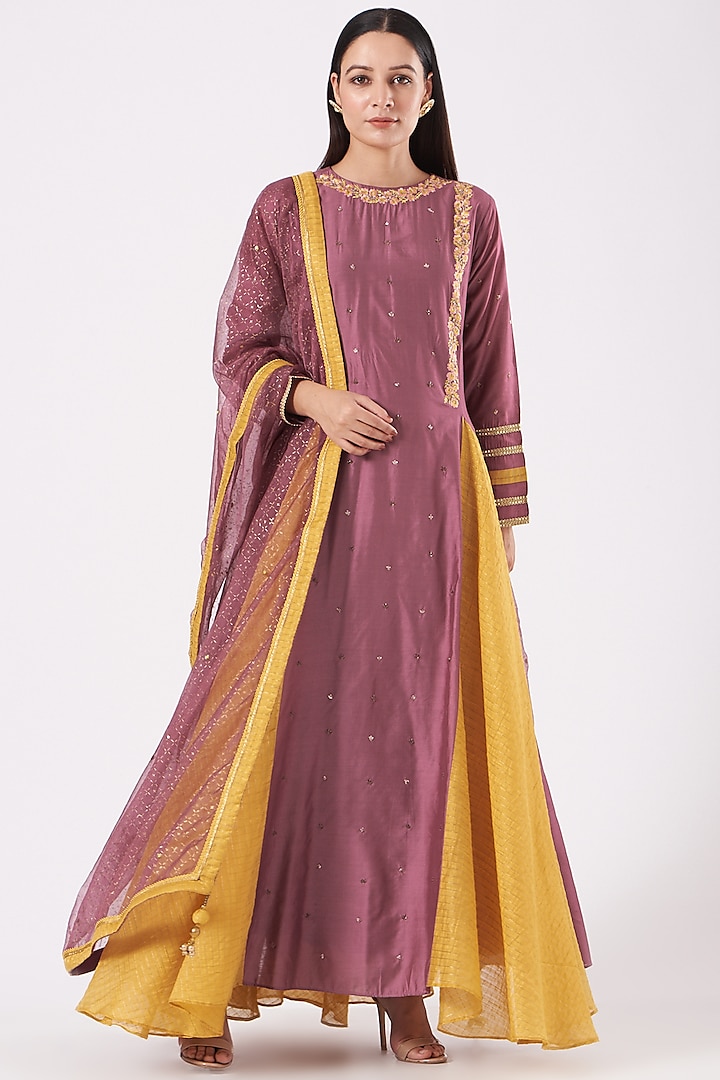 Wine Chanderi Embroidered Anarkali Set by Isha Gupta