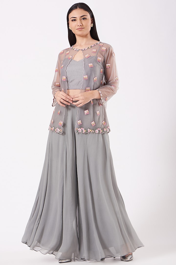 Steel Grey Georgette Pant Set by Isha Gupta