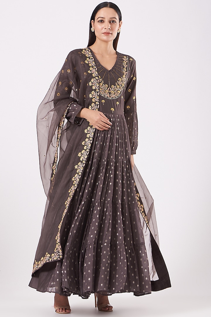 Brown Embroidered Anarkali Set by Isha Gupta