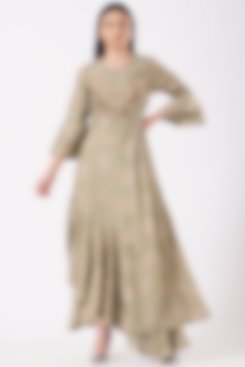 Dull Green Muslin Embroidered Gown by Isha Gupta