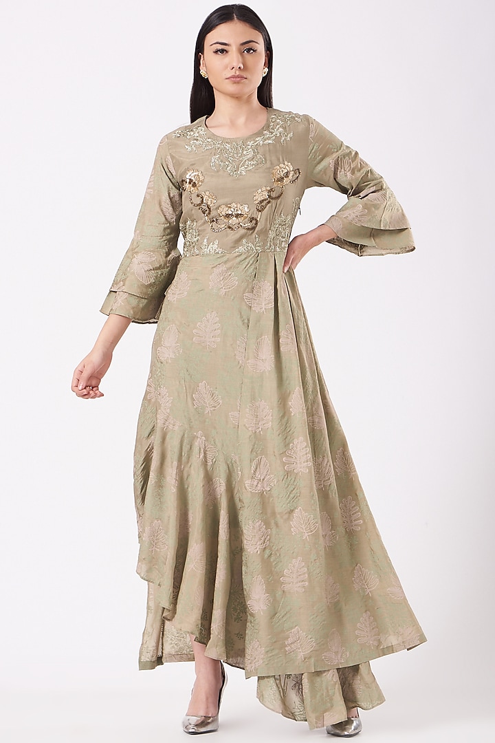 Dull Green Muslin Embroidered Gown by Isha Gupta