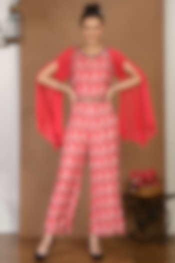 Red Muslin Digital Printed Jumpsuit by Isha Gupta at Pernia's Pop Up Shop